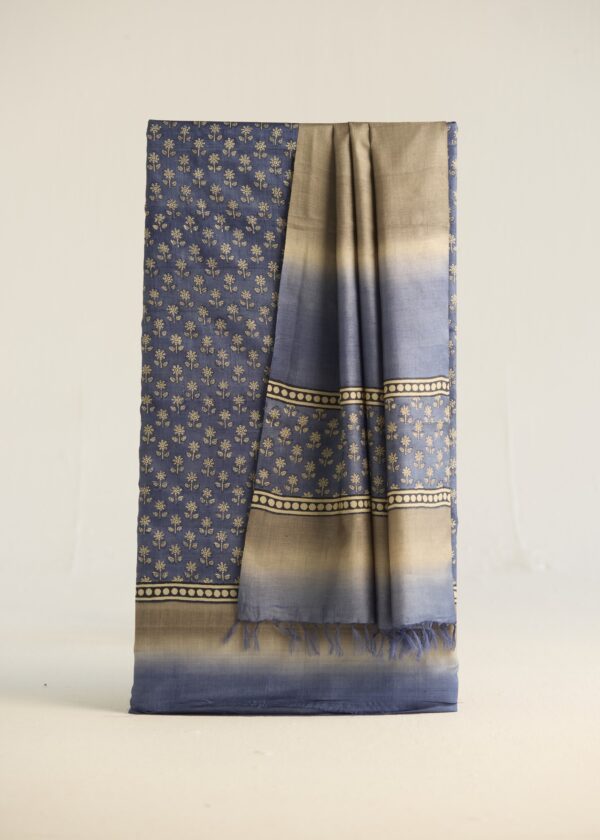 Royal Azure Kosa Silk Unstitched Suit – Hand Block Printed