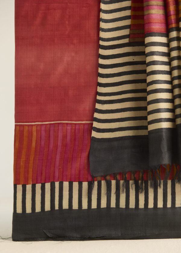 Crimson Stripes Kosa Silk Unstitched Suit – Hand Block Printed - Image 2