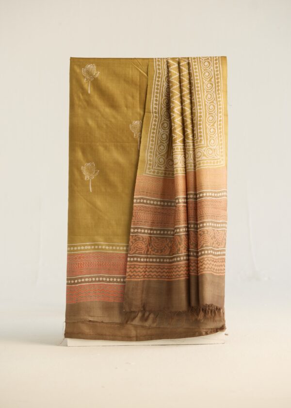 Golden Lotus Kosa Silk Unstitched Suit – Hand Block Printed