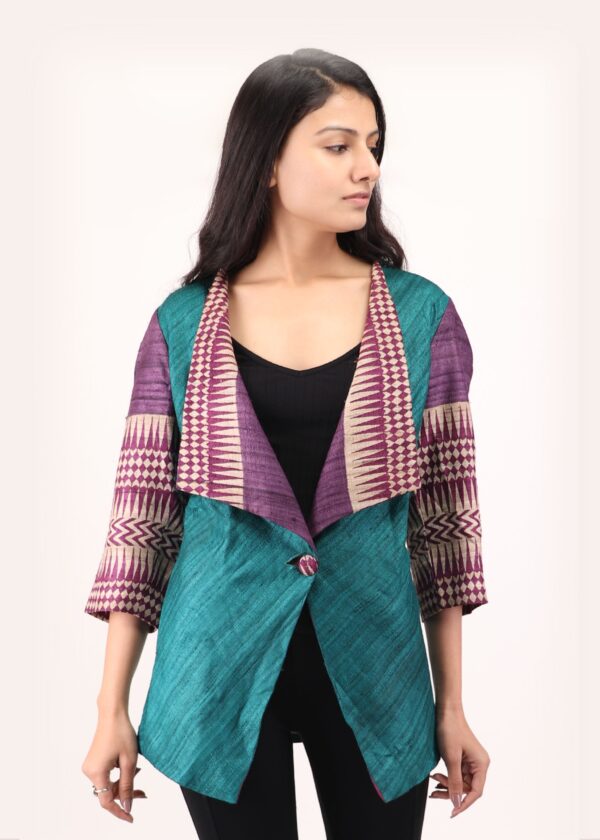 Chhattis Rang Teal & Purple Kosa Silk Draped Blazer - Image 3