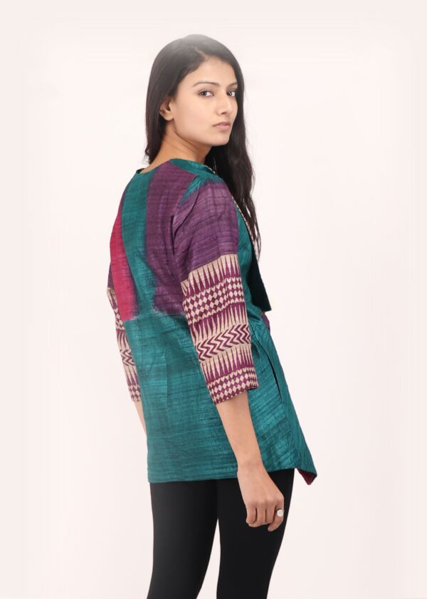 Chhattis Rang Teal & Purple Kosa Silk Draped Blazer - Image 4