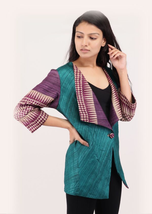 Chhattis Rang Teal & Purple Kosa Silk Draped Blazer
