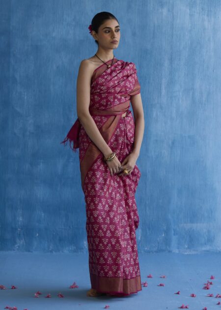 Pink block printed saree