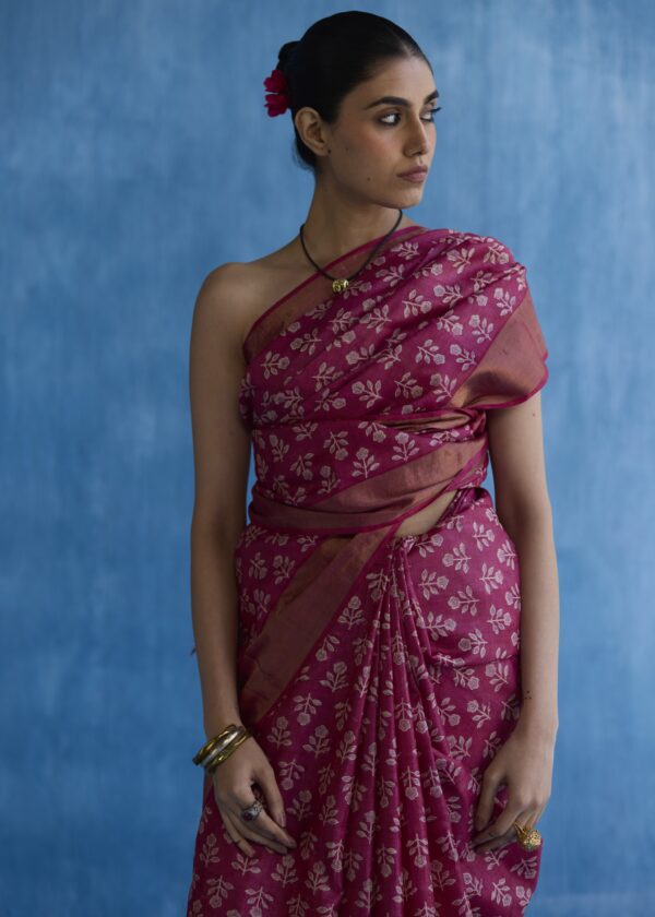 Pink block printed saree - Image 3