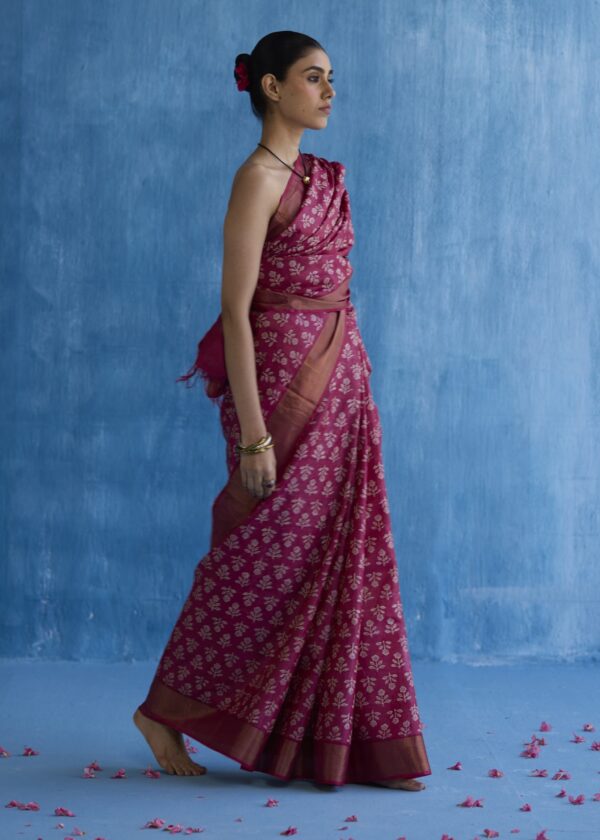 Pink block printed saree - Image 2
