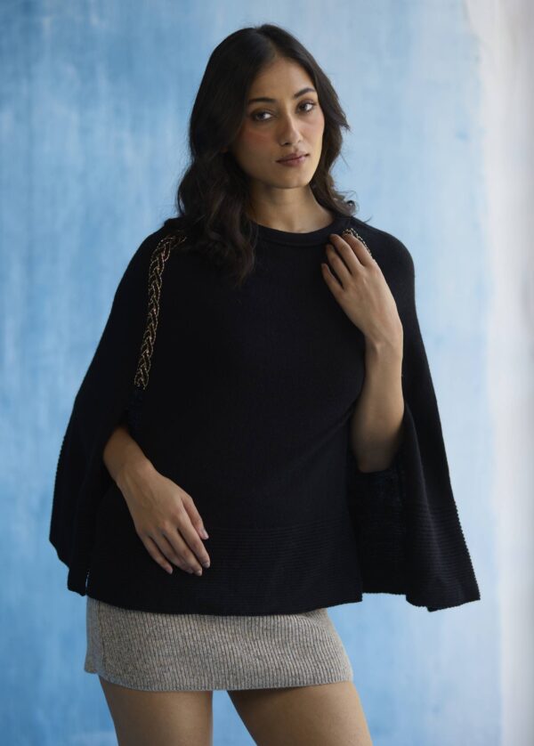 Noir Luxe Embellished Wool Cape - Image 2