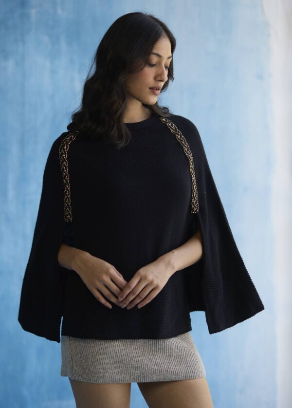 Noir Luxe Embellished Wool Cape - Image 4