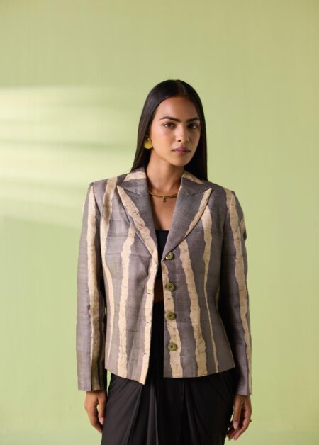 Kosa Silk Beige–Grey Striped Statement Jacket