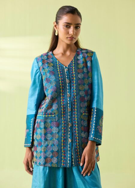 Teal Mosaic Hand-Embroidered Kosa Silk Jacket