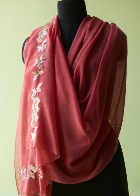 Coral Bloom Sequin Fine Wool Stole
