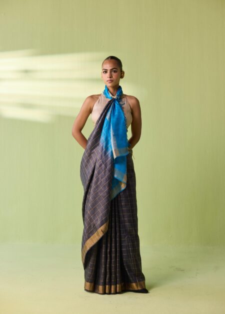 Midnight Checkered Kosa Silk Saree