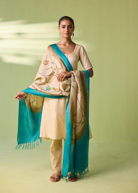 Turquoise Lotus Hand-Painted Kosa Silk Dupatta