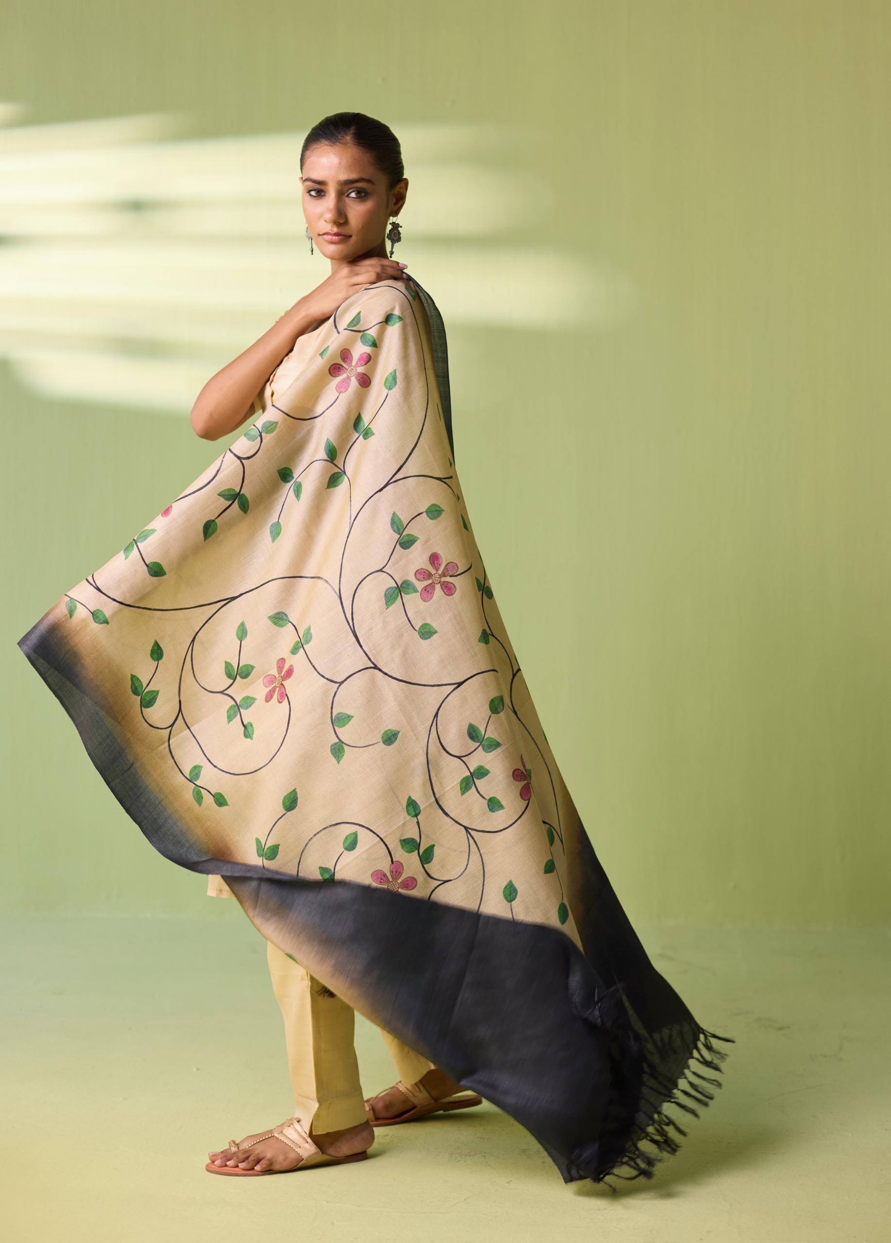 Gulmohar Vine Hand-Painted Kosa Silk Dupatta - Image 3