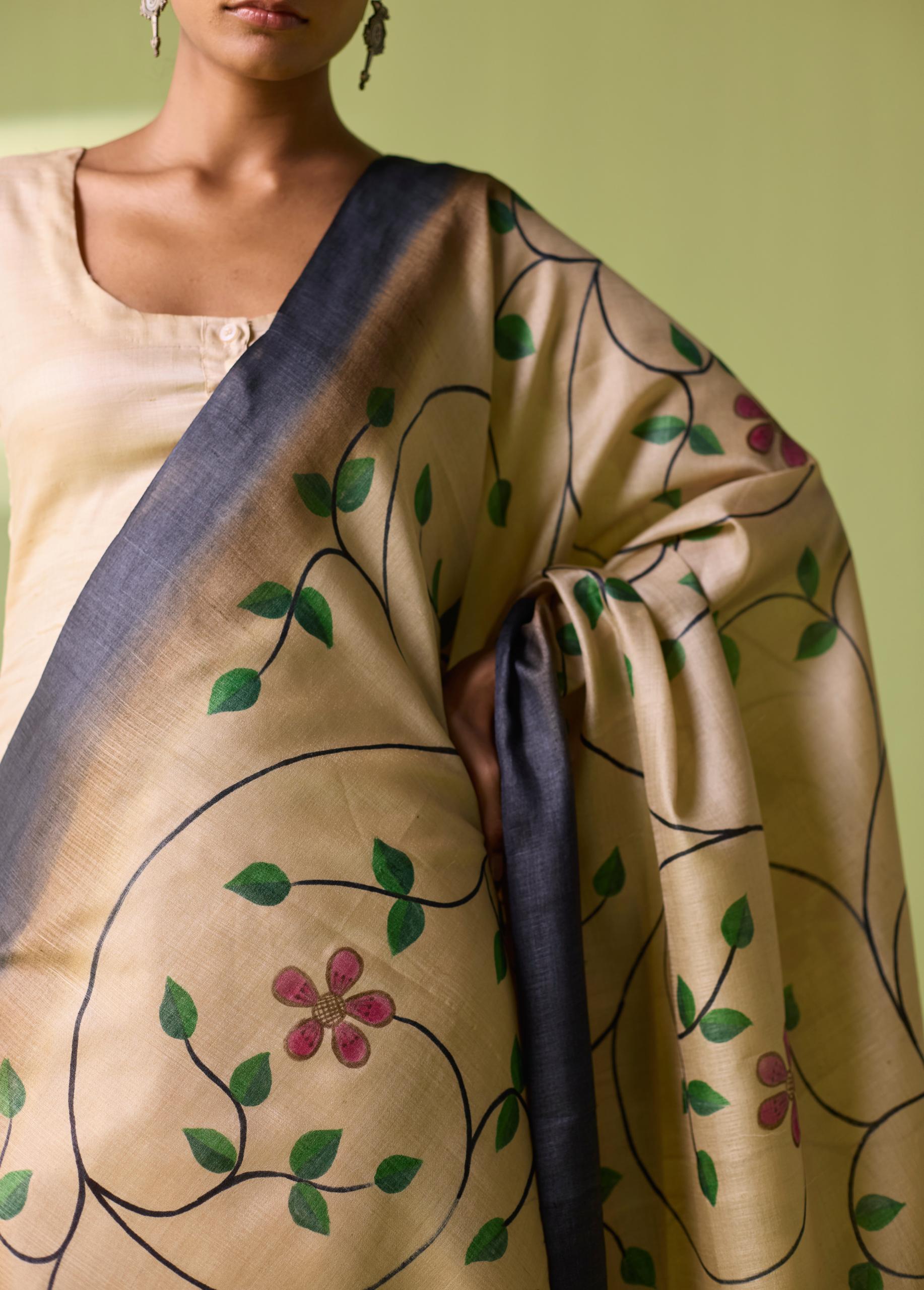 Gulmohar Vine Hand-Painted Kosa Silk Dupatta - Image 7