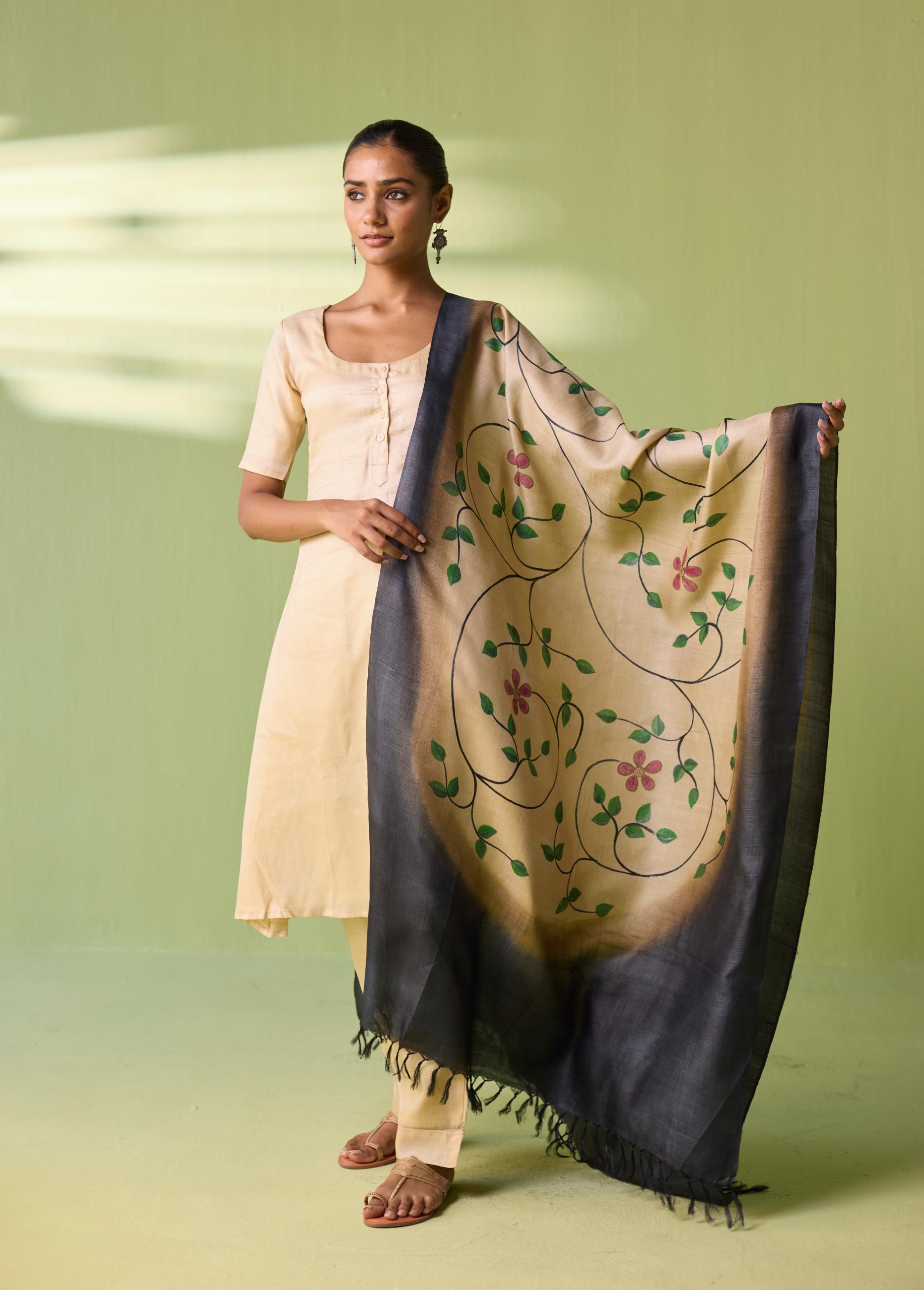 Gulmohar Vine Hand-Painted Kosa Silk Dupatta