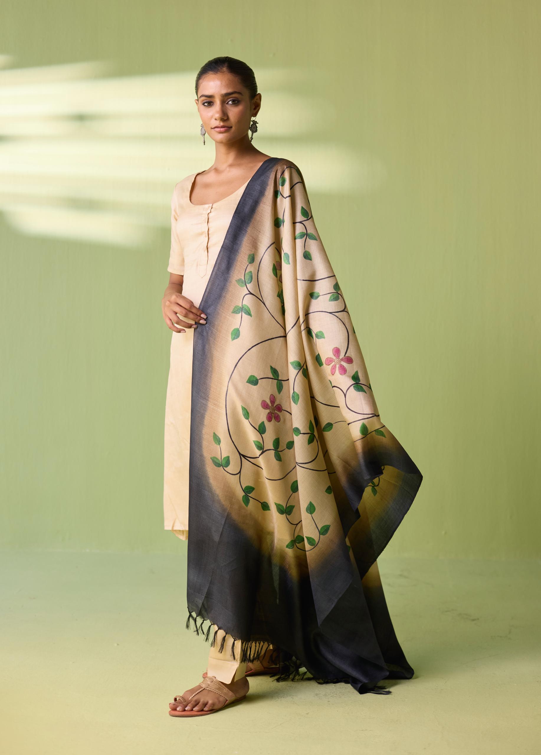 Gulmohar Vine Hand-Painted Kosa Silk Dupatta - Image 2