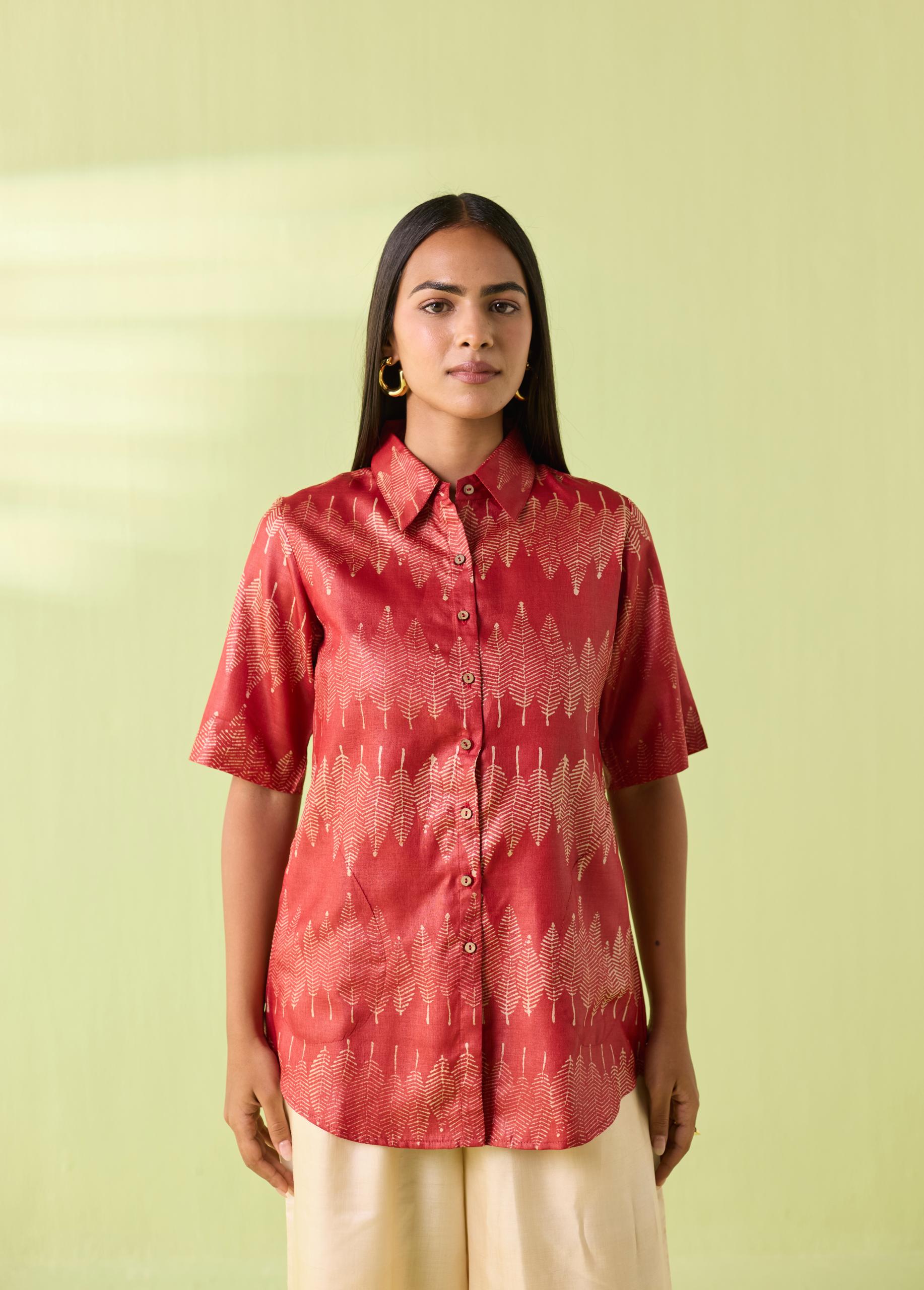 Coral Leaf Kosa Silk Shirt