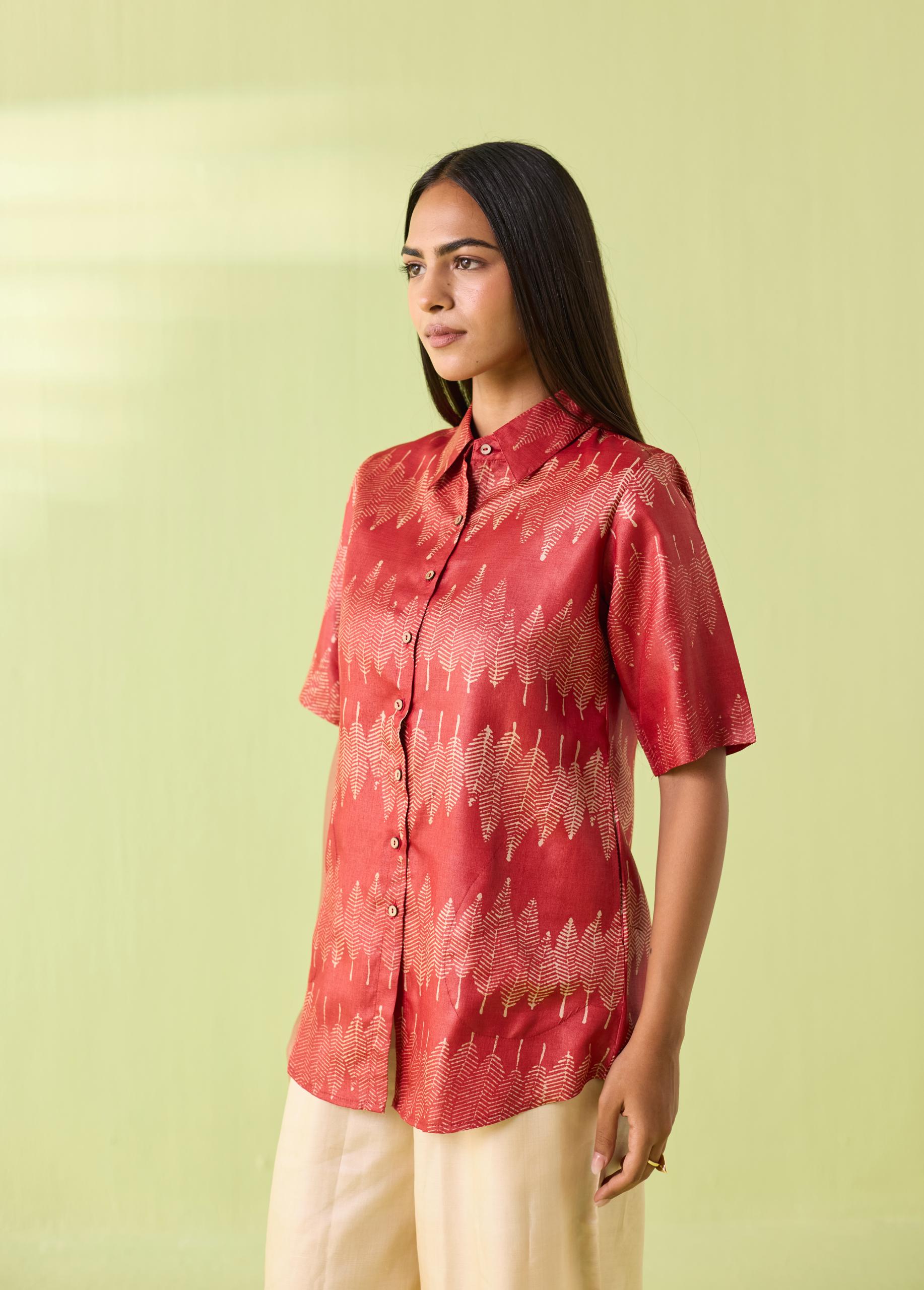 Coral Leaf Kosa Silk Shirt - Image 2