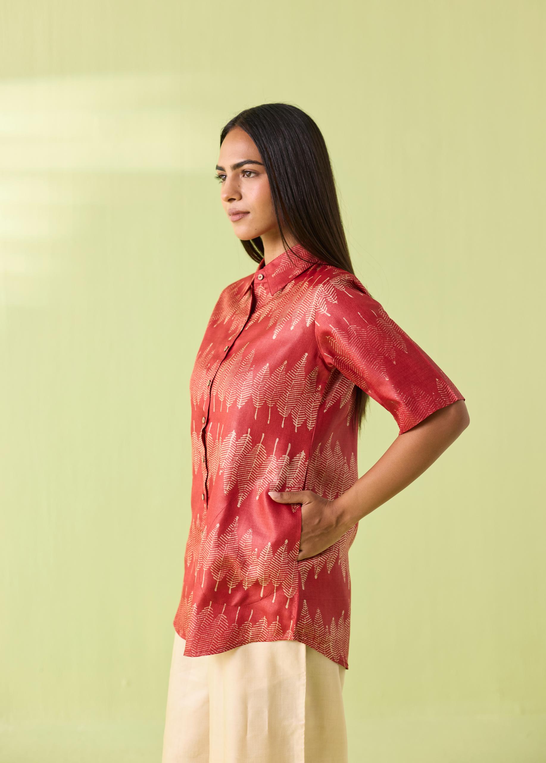 Coral Leaf Kosa Silk Shirt - Image 4
