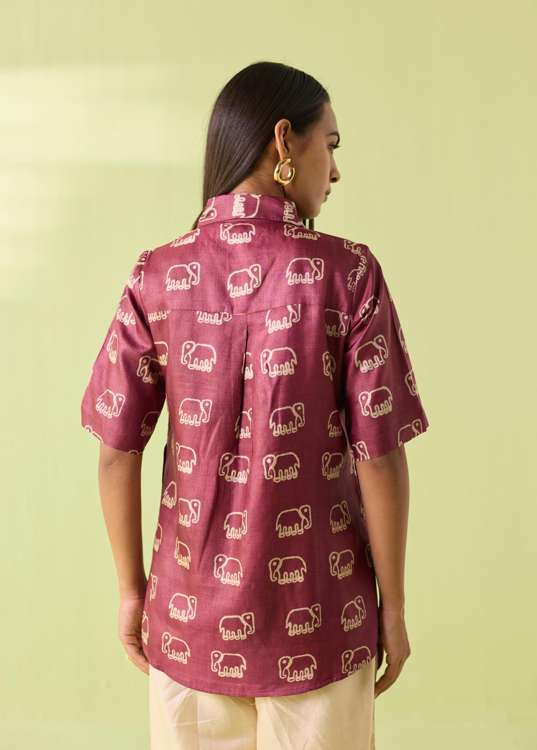 Wine Elephant Motif Kosa Silk Shirt - Image 7