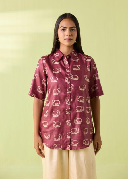 Wine Elephant Motif Kosa Silk Shirt