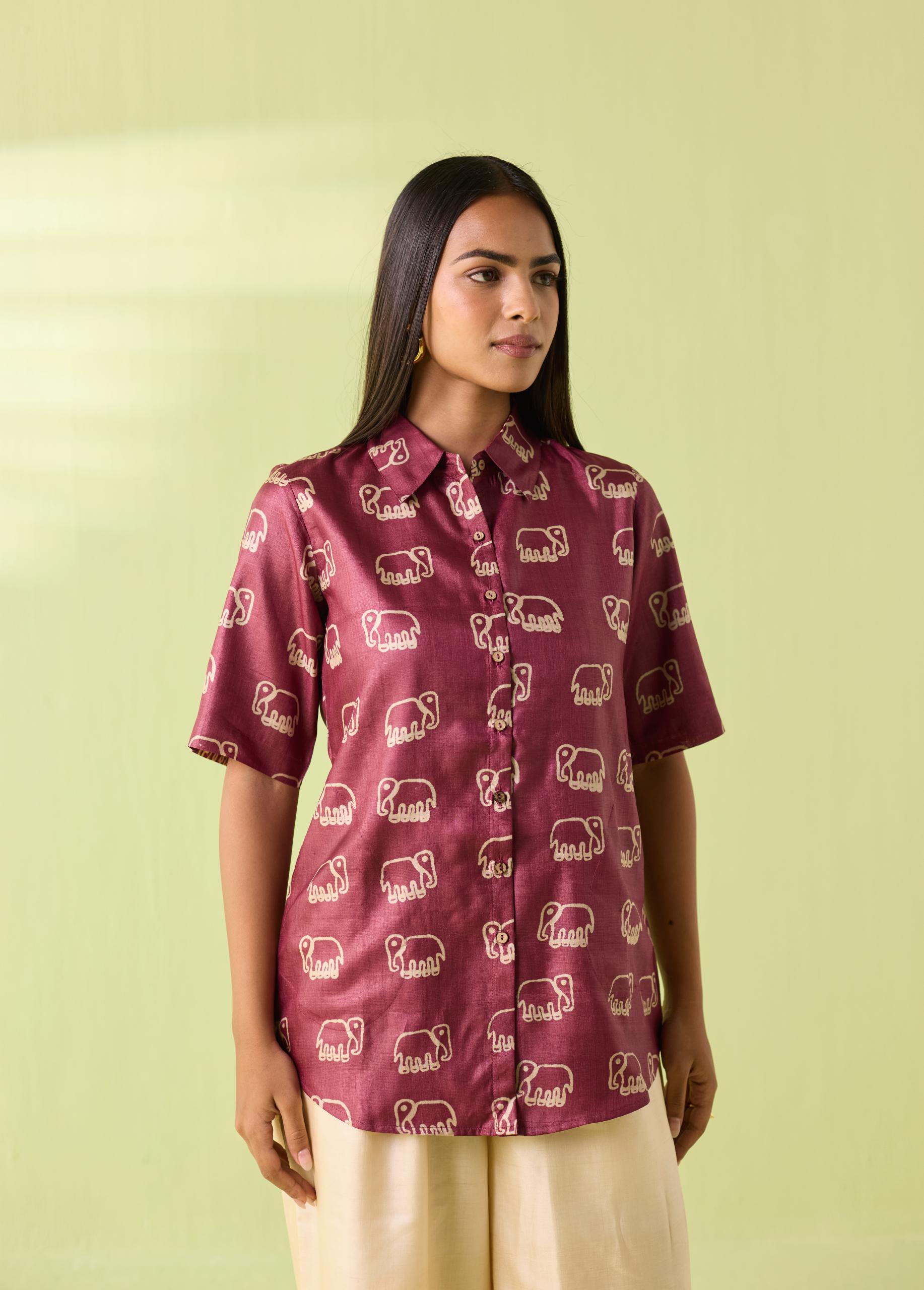 Wine Elephant Motif Kosa Silk Shirt - Image 2