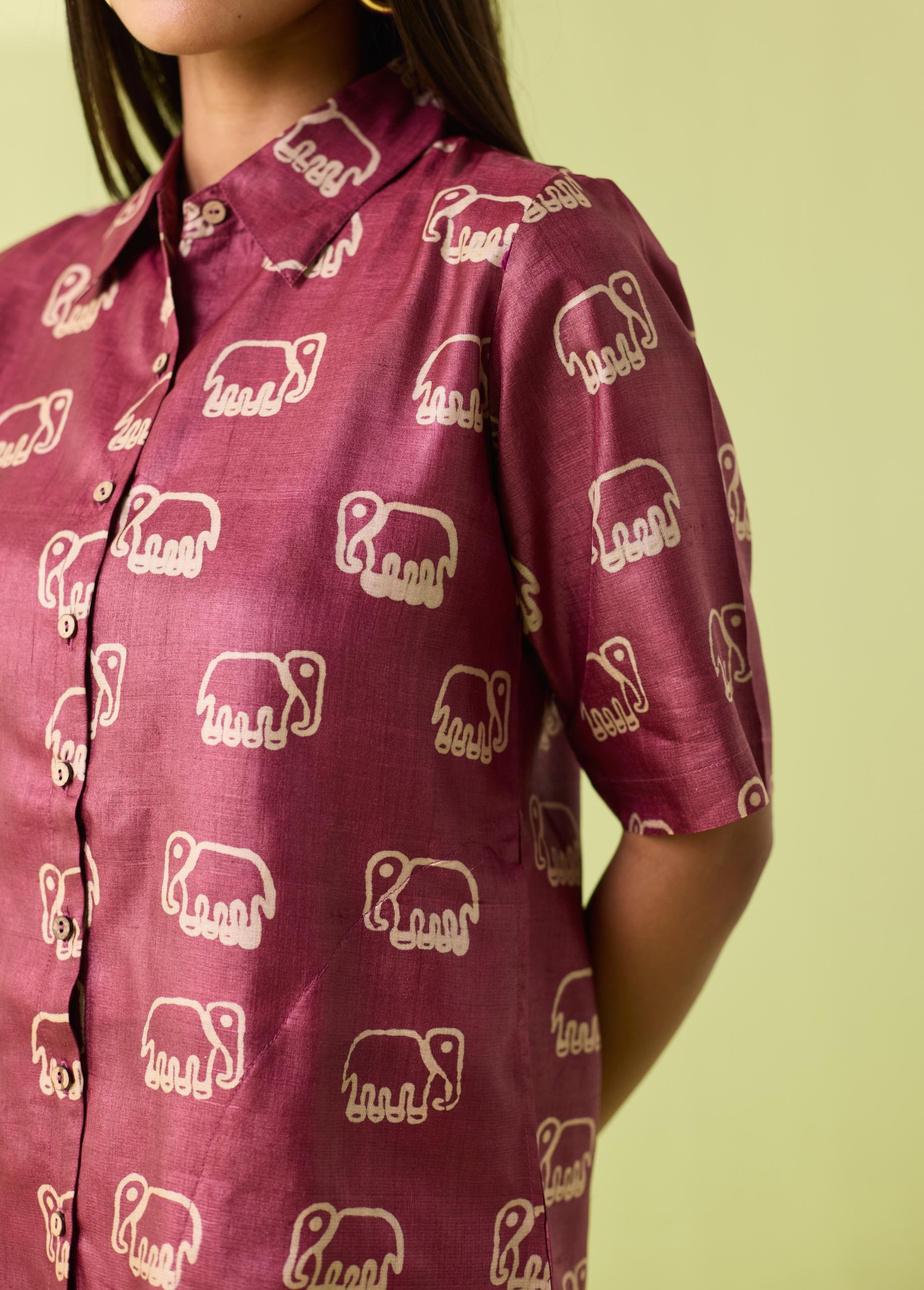 Wine Elephant Motif Kosa Silk Shirt - Image 4