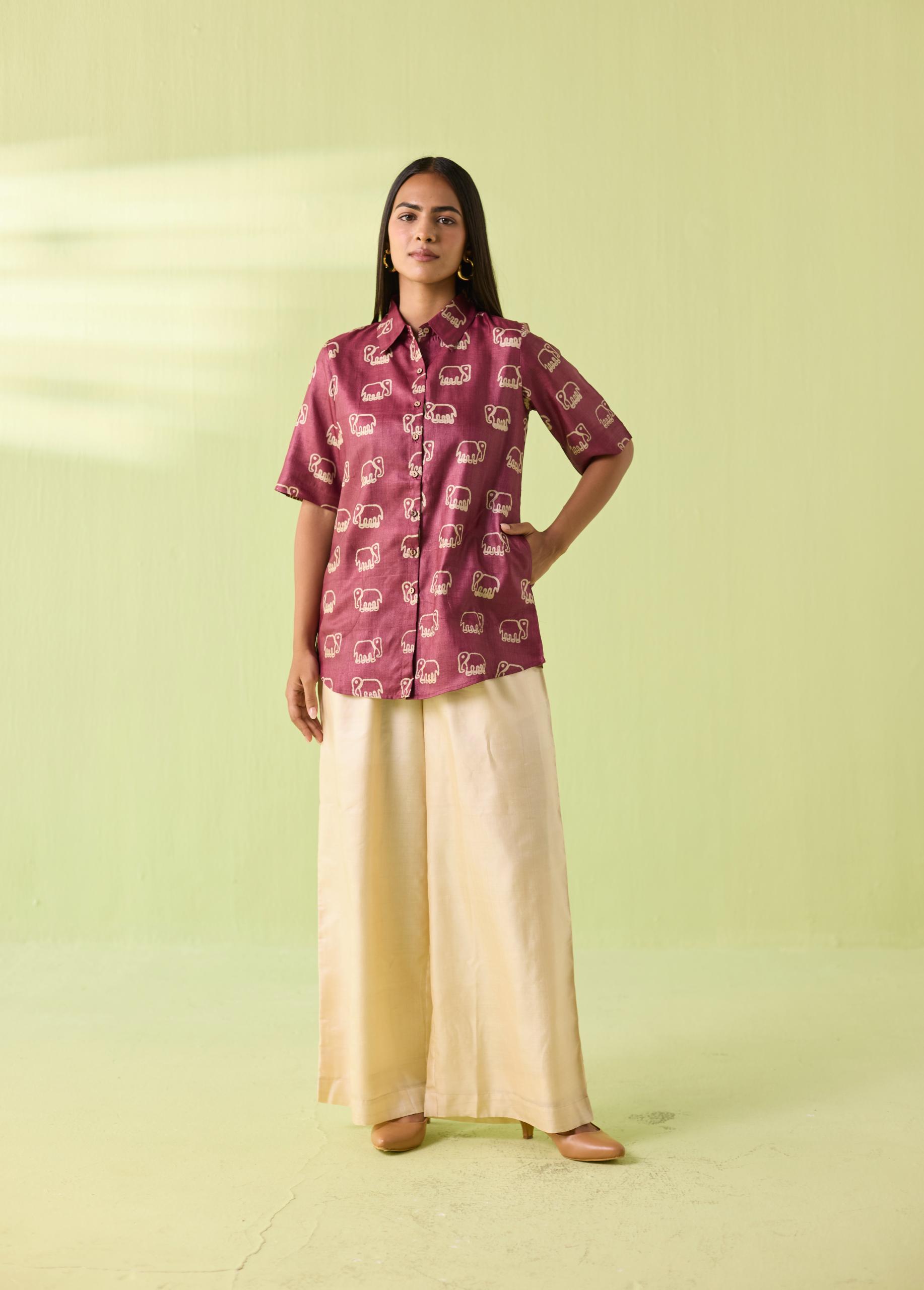 Wine Elephant Motif Kosa Silk Shirt - Image 6