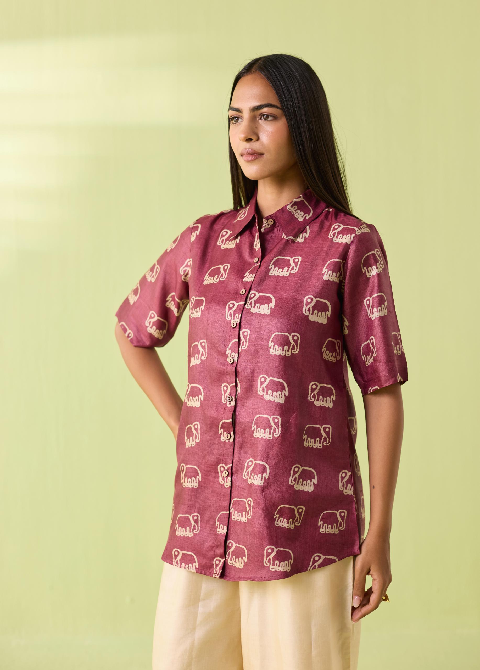 Wine Elephant Motif Kosa Silk Shirt - Image 3
