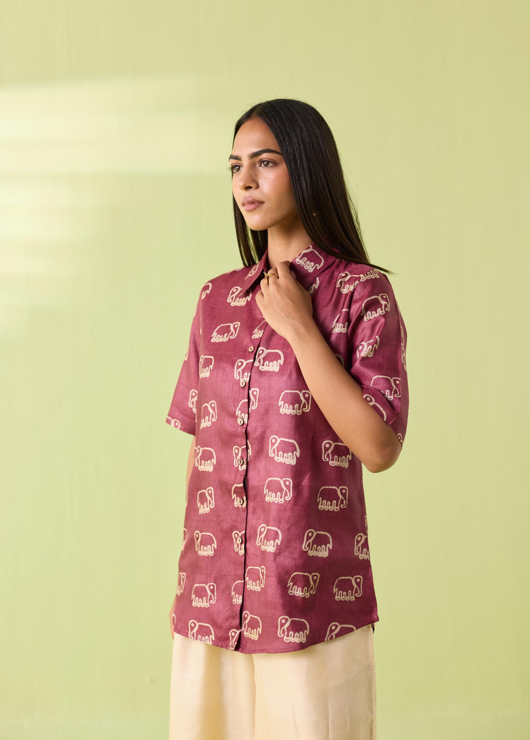 Wine Elephant Motif Kosa Silk Shirt - Image 5