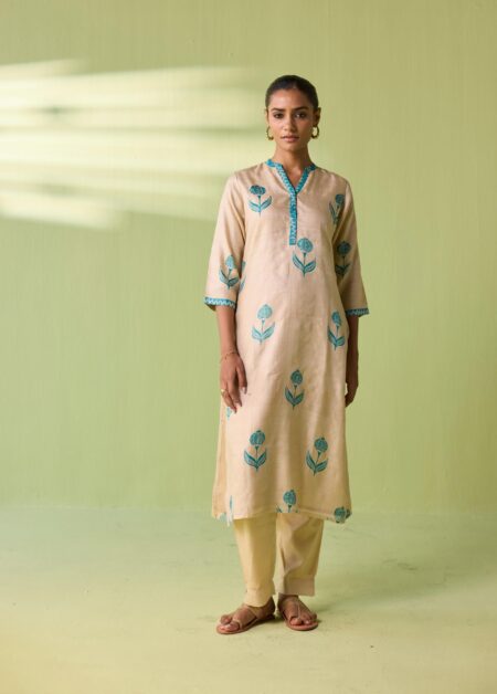 Teal Bloom Hand-Embroidered Silk Suit Set