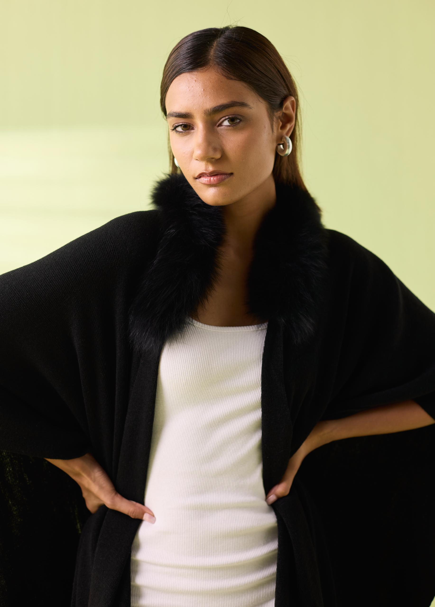 Black Luxe Fur-Collar Fine Wool Cape - Image 3