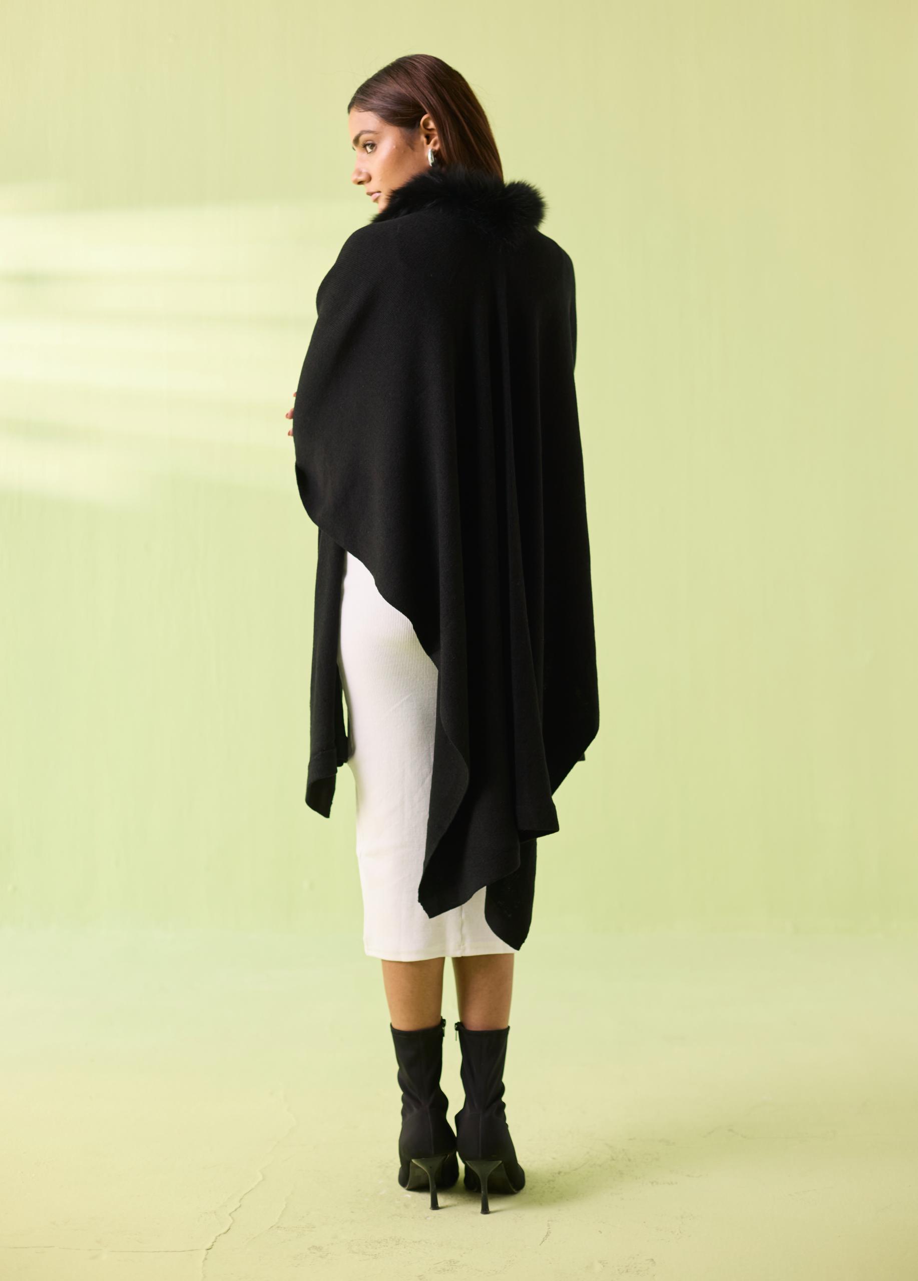 Black Luxe Fur-Collar Fine Wool Cape - Image 8