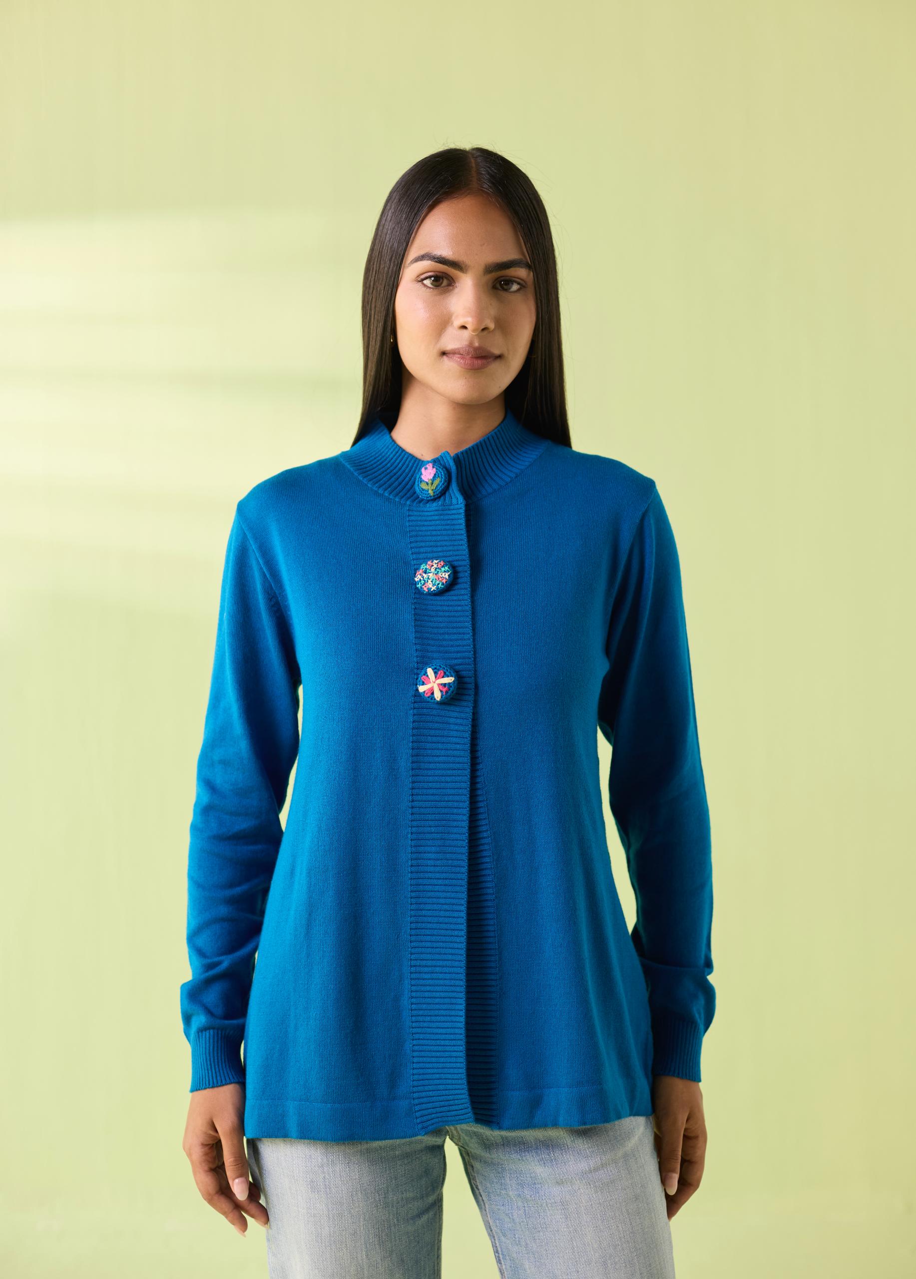 Hand-Embroidered Woollen Button-Down Cardigan