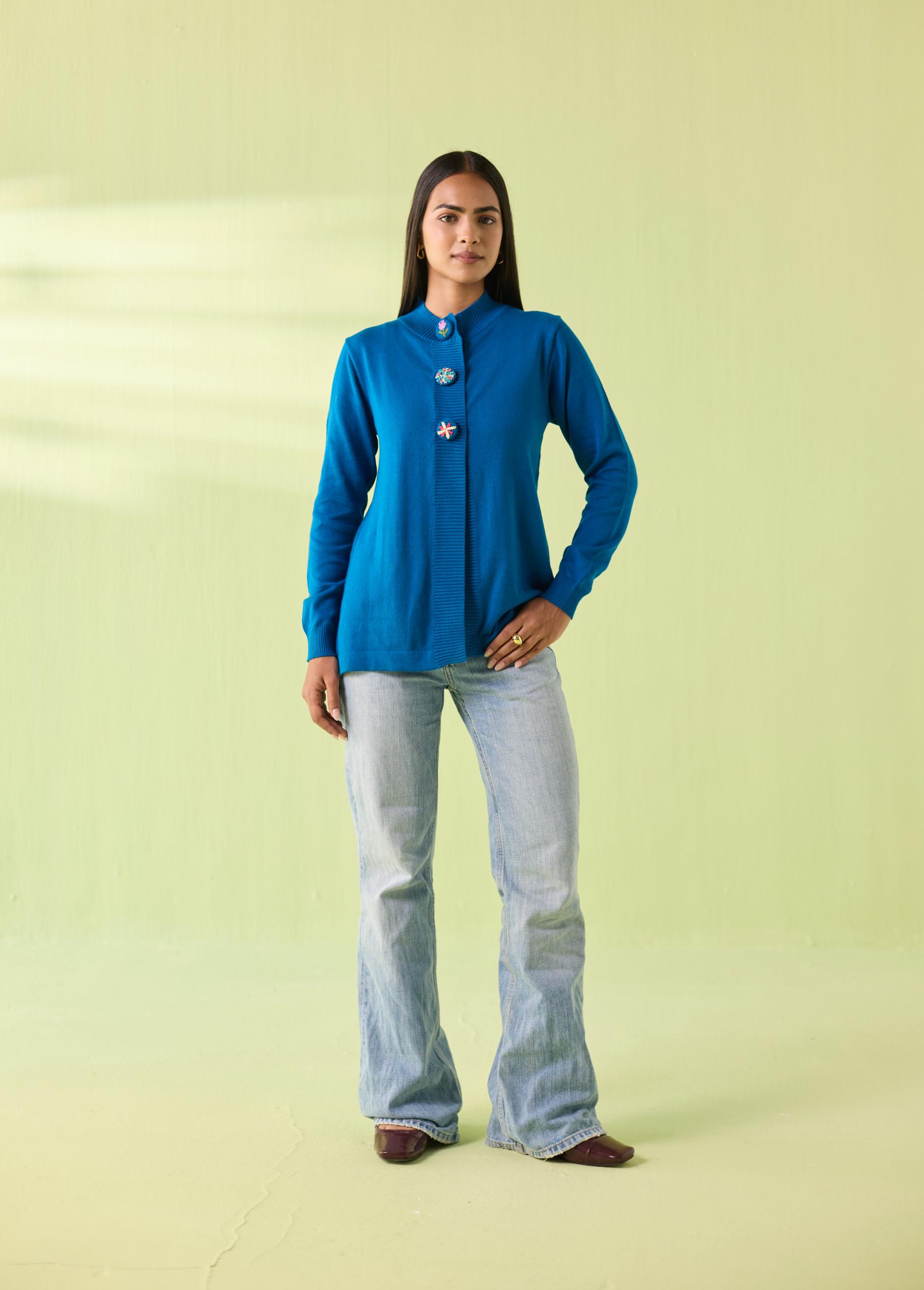 Hand-Embroidered Woollen Button-Down Cardigan - Image 3