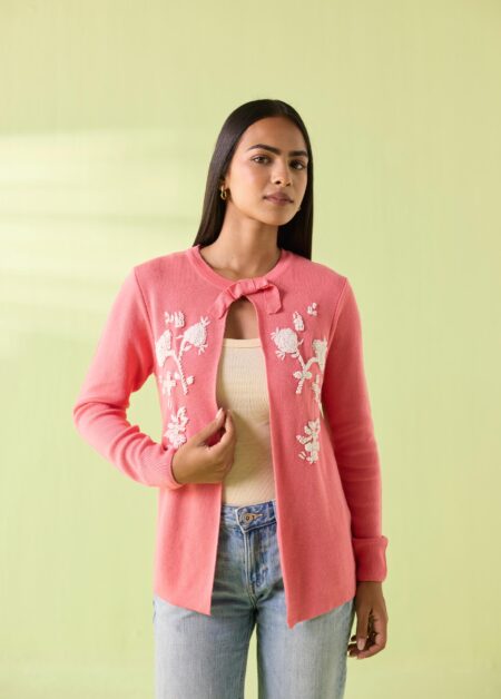 Blush Woollen Floral Embroidered Cardigan