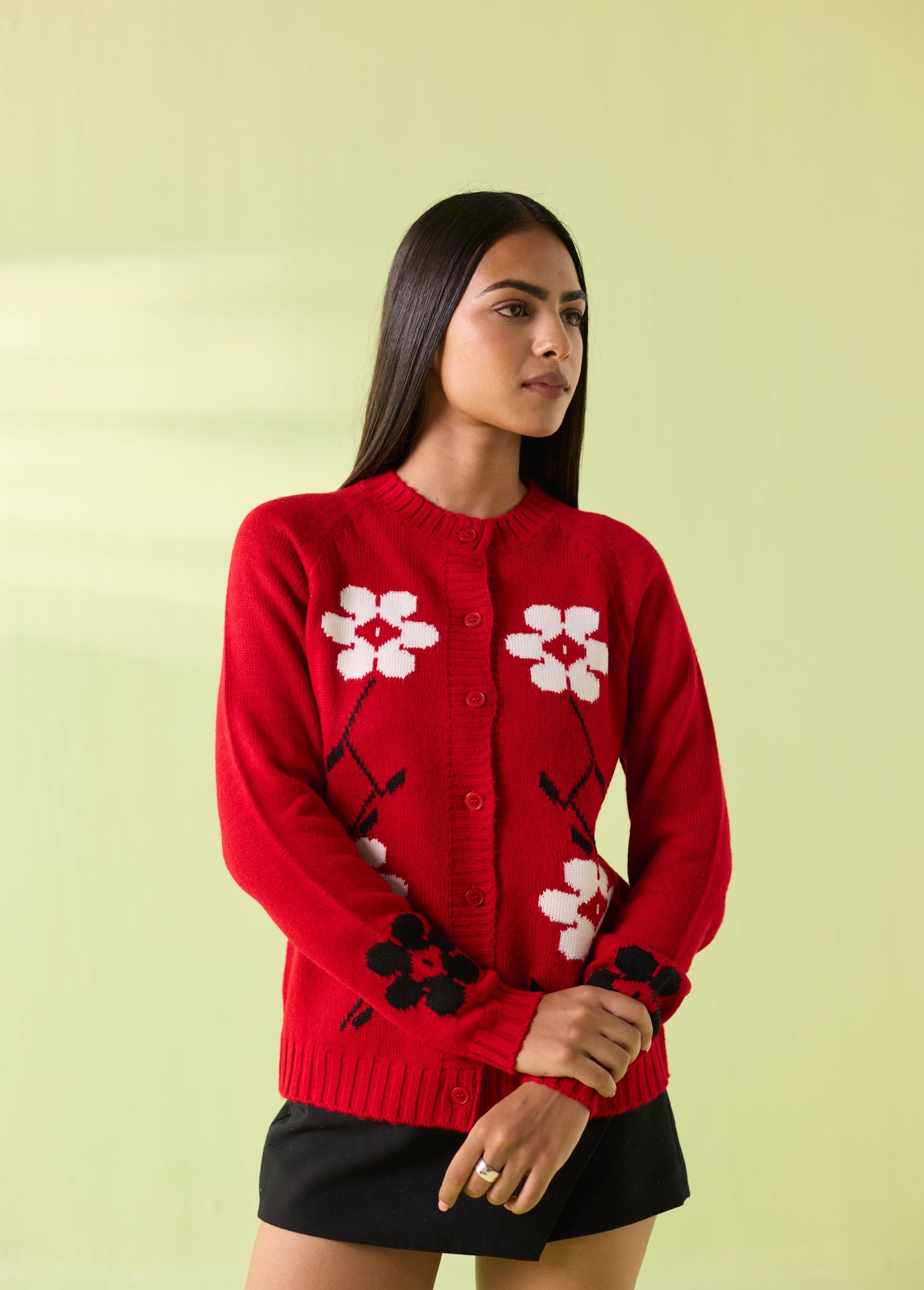 Gulmohar Woollen Floral Cardigan – Red - Image 6