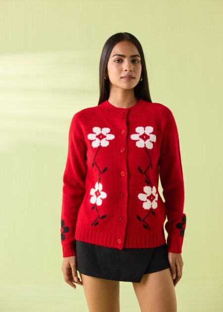 Gulmohar Woollen Floral Cardigan – Red