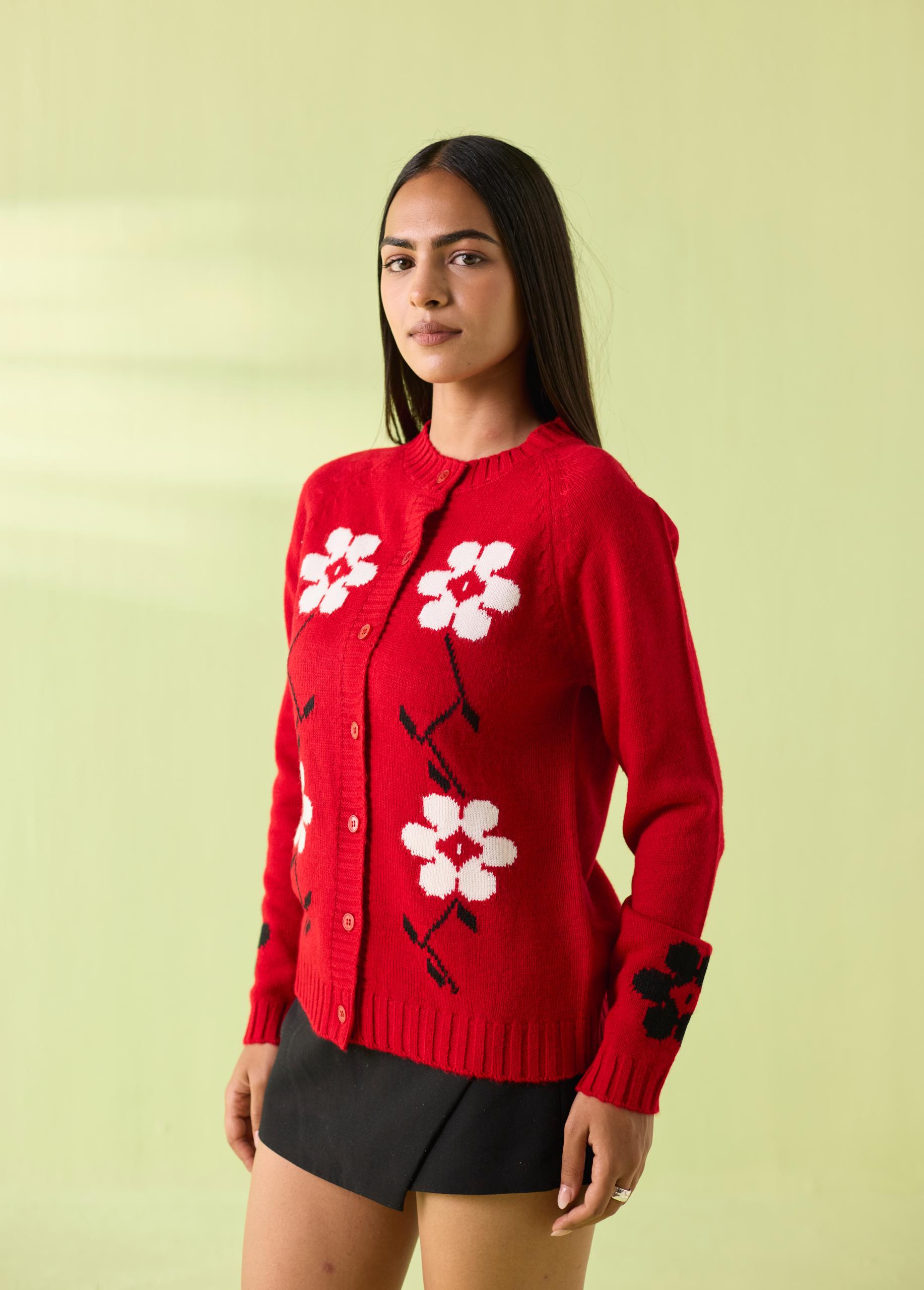 Gulmohar Woollen Floral Cardigan – Red - Image 2