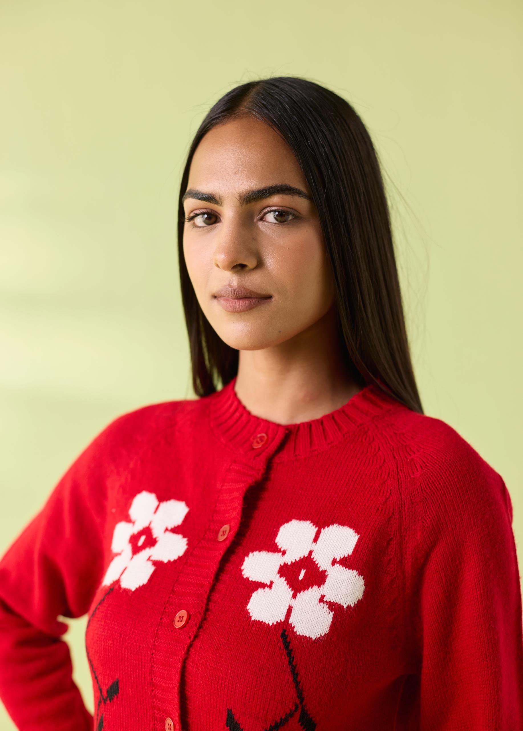 Gulmohar Woollen Floral Cardigan – Red - Image 4