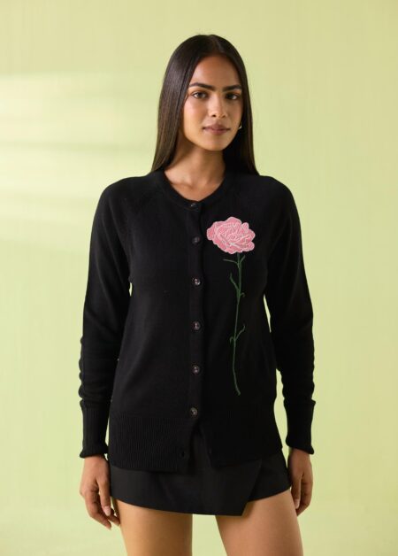 Midnight Rose Woollen Cardigan – Black