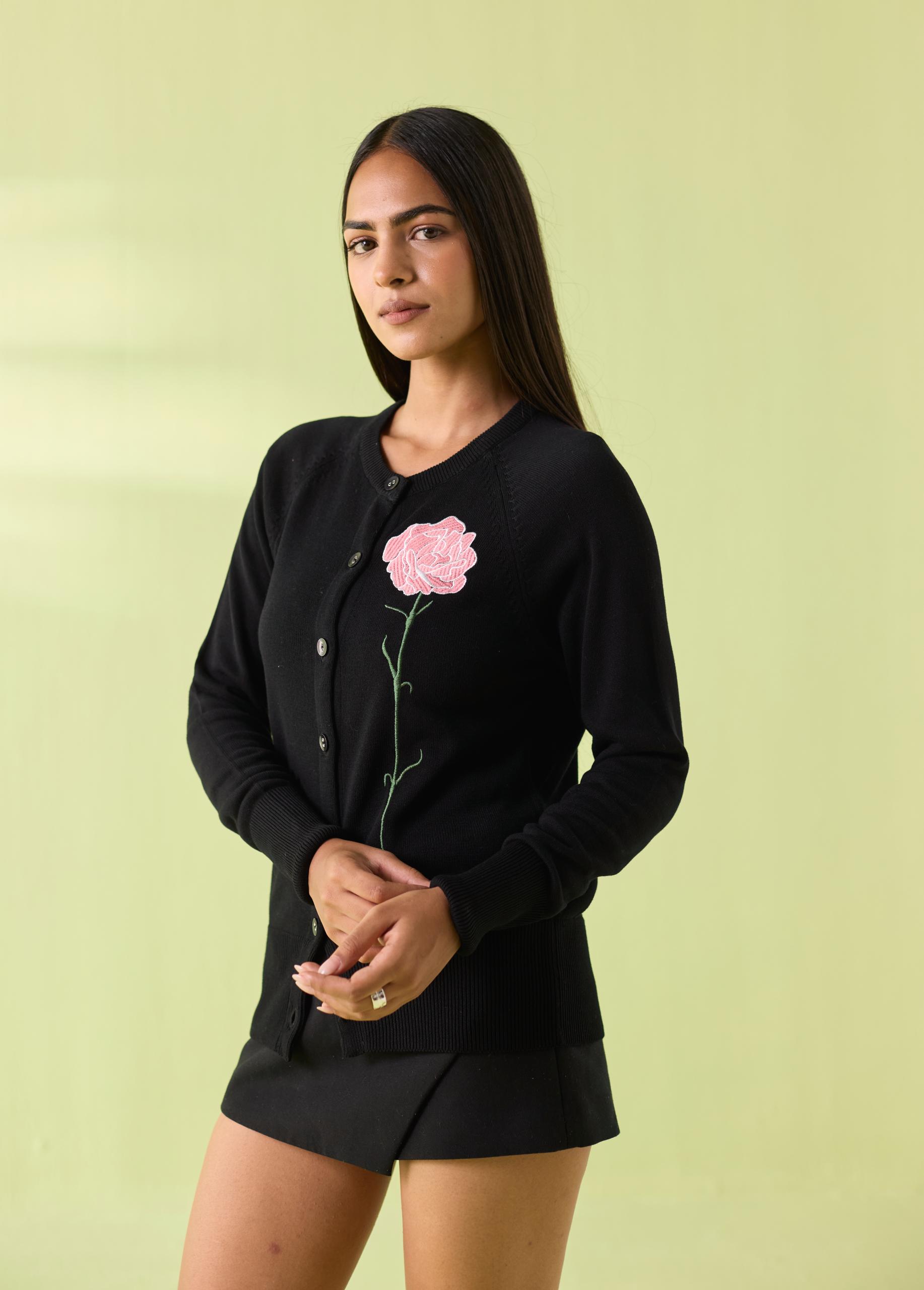 Midnight Rose Woollen Cardigan – Black - Image 3